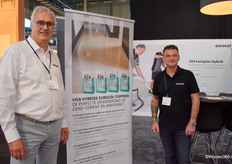 Wim de Pee en Dennis van Dongen van Forbo Eurocol Nederland - specialist in lijmen, egalisatiemiddelen en vloeronderhoudsproducten voor professionele vloerders - poseren bij een banner over de vier hybride Eurocol-toppers.